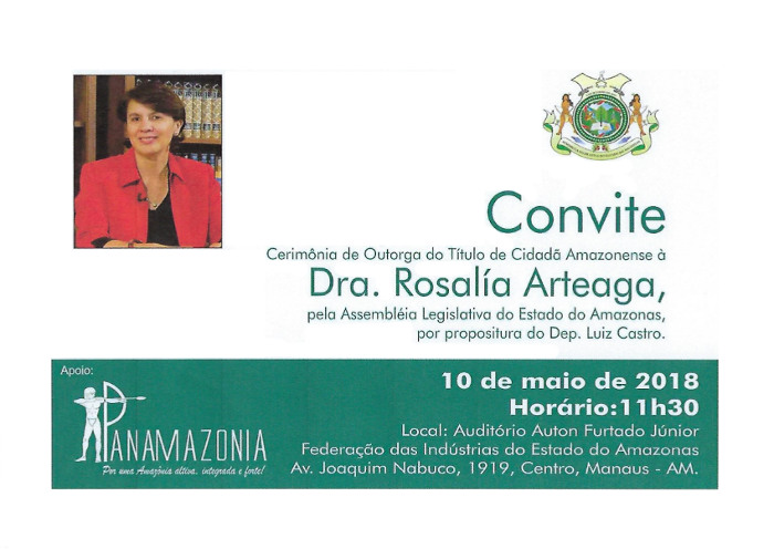 Invitación a la entrega del título de Ciudadana del Amazonas a Rosalia Arteaga