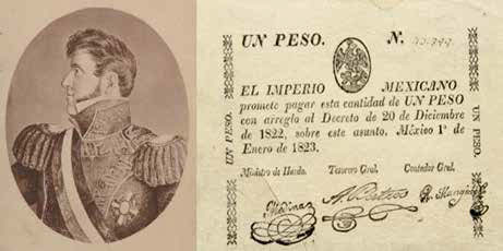 Agustín I e imagen del primer papel moneda implementado en el país