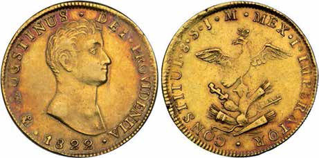 Primera moneda del México independiente; 8 escudos de Agustín I como primer emperador constitucional.