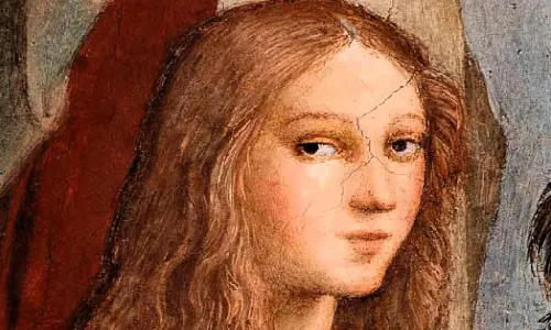 Recorte de La Escuela de Atenas, de Rafael Sanzio. Primer plano de Hipatia de Alejandría.